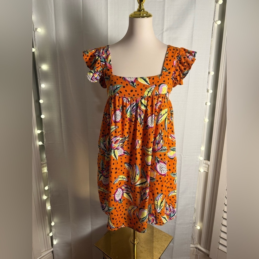 Kourt Linen Vibrant Orange Tiered Mini Sundress with Flutter Sleeves